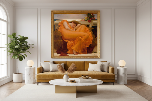 Flaming June framed and hanging in a stylish European apartment living room