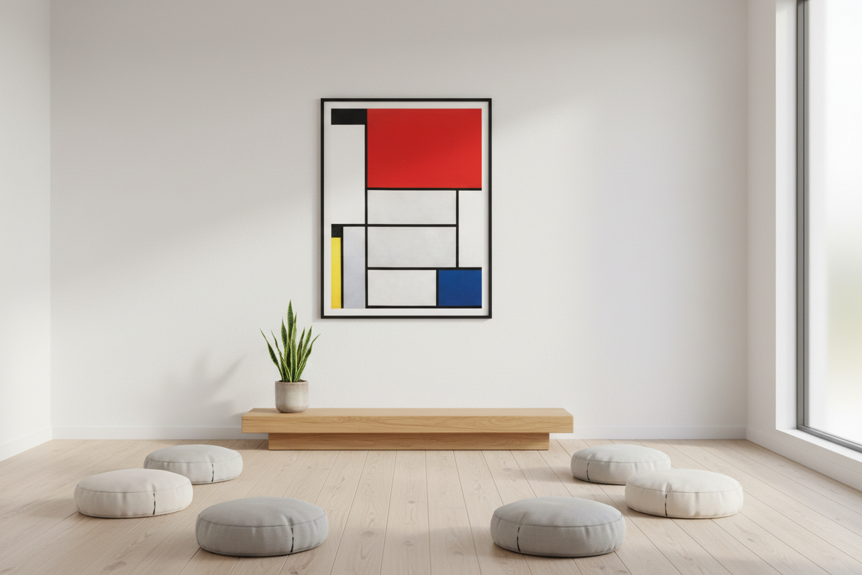 Framed print staged in a minimalist meditation room with floor cushions and natural light