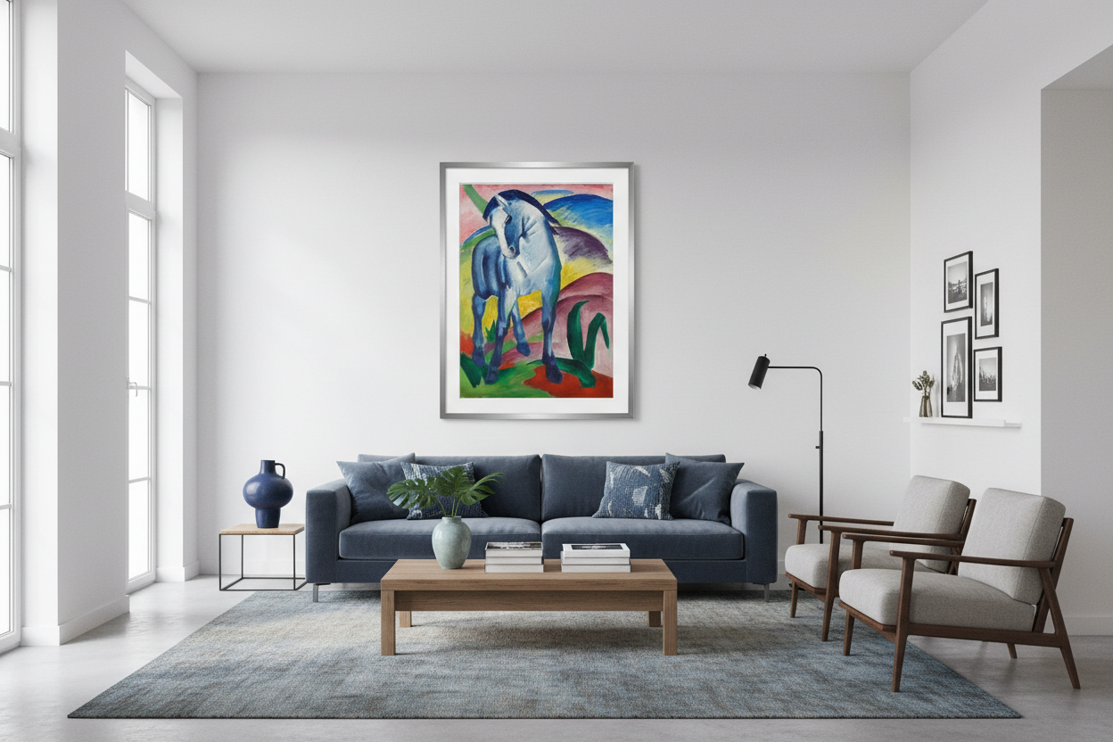 Blue Horse I by Franz Marc framed as an A2 print hanging in a stylish European apartment living room