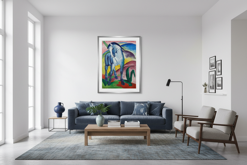 Blue Horse I by Franz Marc framed as an A2 print hanging in a stylish European apartment living room