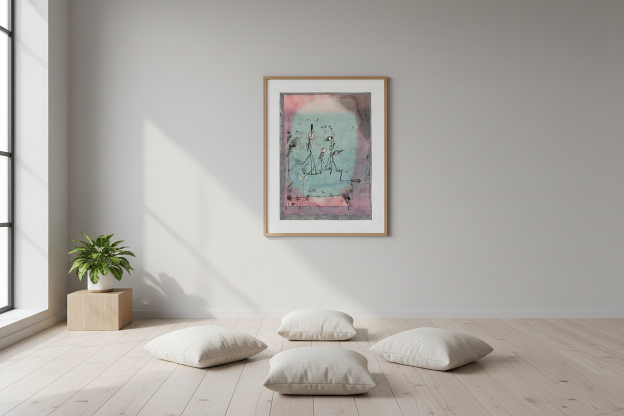 Framed print staged in a minimalist meditation room with floor cushions and natural light