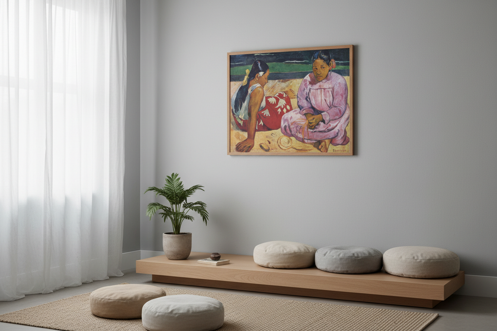 Framed print staged in a minimalist meditation room with floor cushions and natural light
